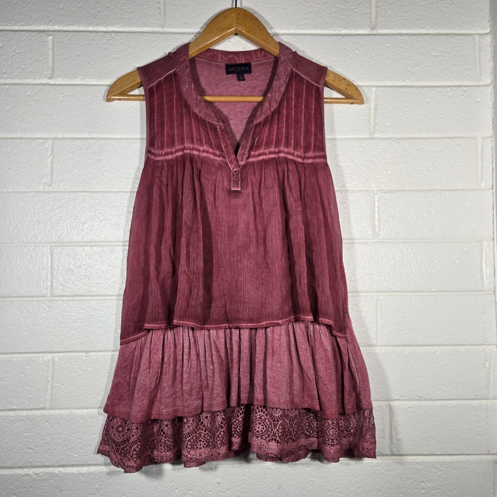 Artesia Sleeveless Tiered Peplum Top Large‎ Mauve Lace Trim Boho Romantic Fairy